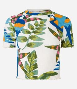 Blusa em Ribana Texturizada e com Estampa Tropical