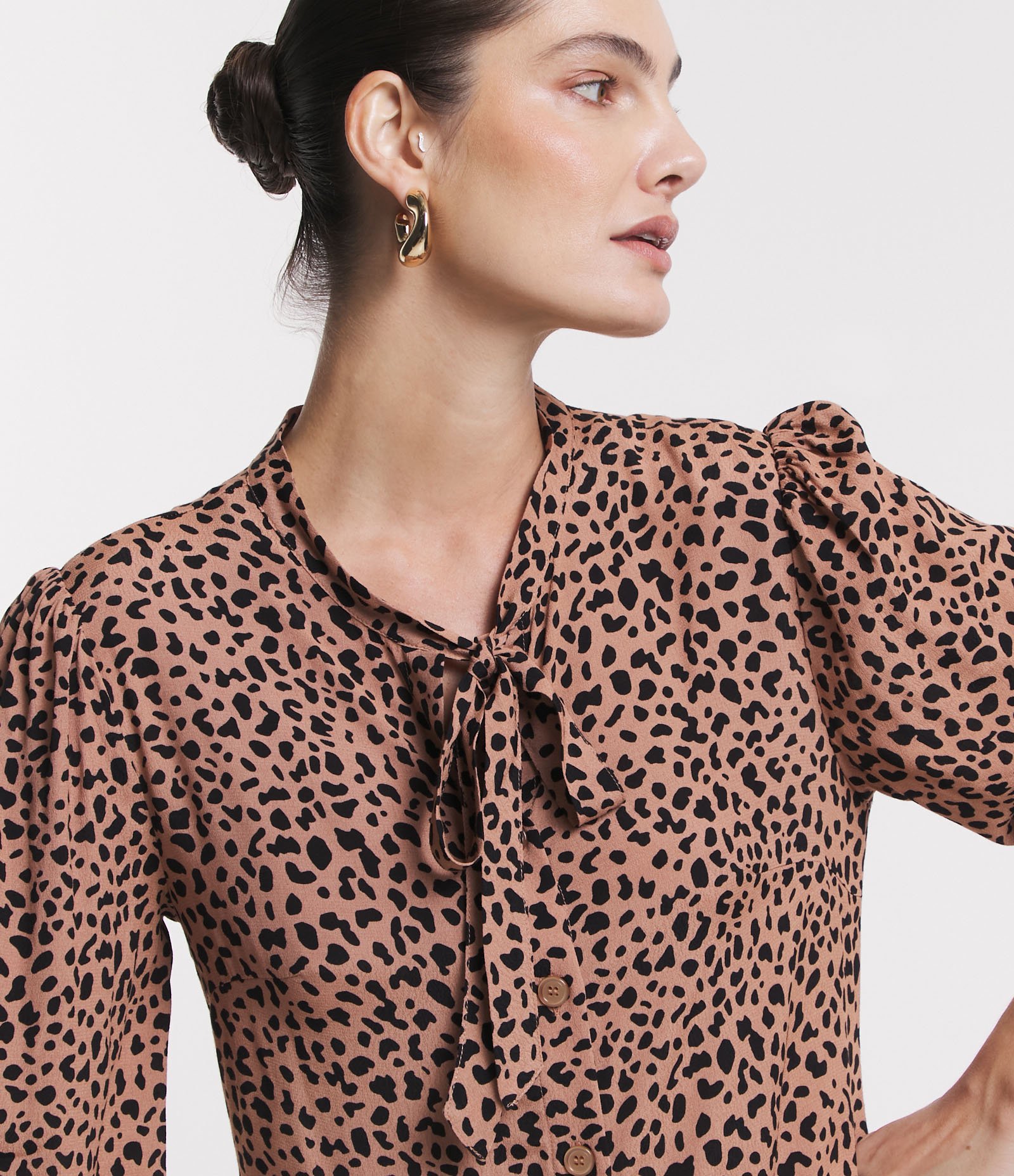 Vestido Chemise em Viscose com Manga Bufante e Estampa Animal Print Onça Marrom 5