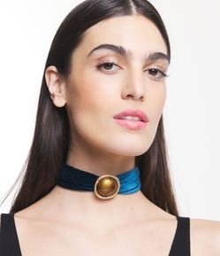 Colar Choker em Veludo com Pingente Olho de Tigre