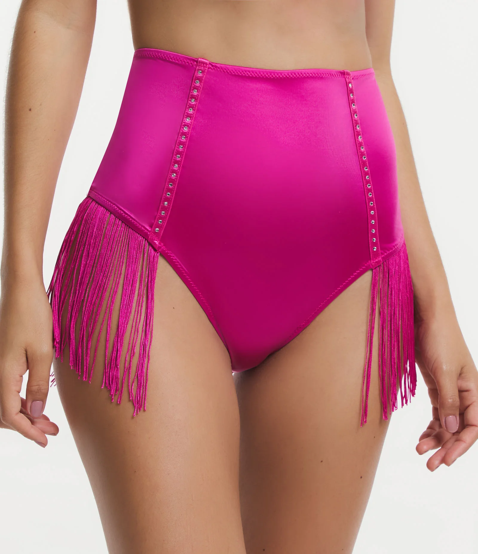 Calcinha Alta em Microfibra com Strass e Franjas Rosa 1
