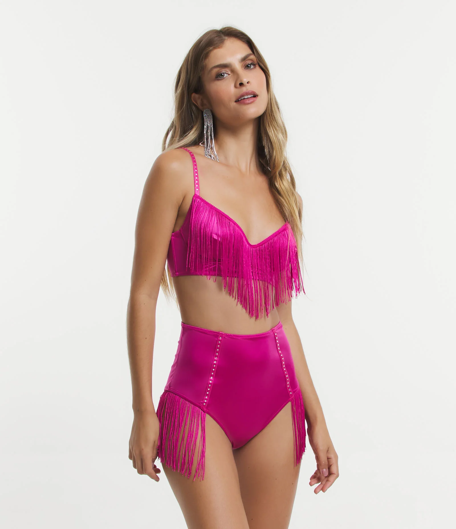 Calcinha Alta em Microfibra com Strass e Franjas Rosa 2