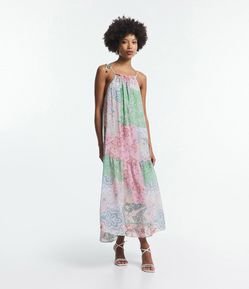 Vestido Midi Evasê de Alça em Crepe com Estampa Paisley