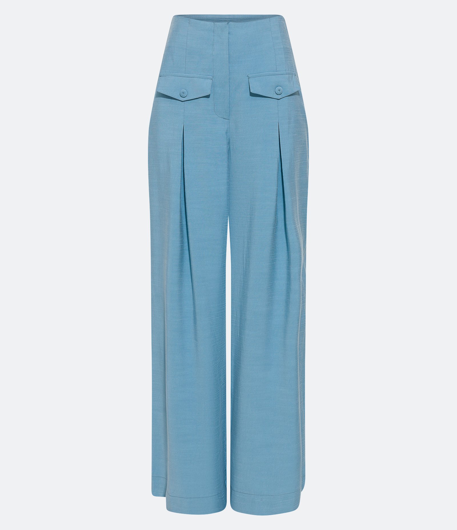 Calça Pantalona Cintura Alta em Flamê com Lapelas e Pregas Azul 1