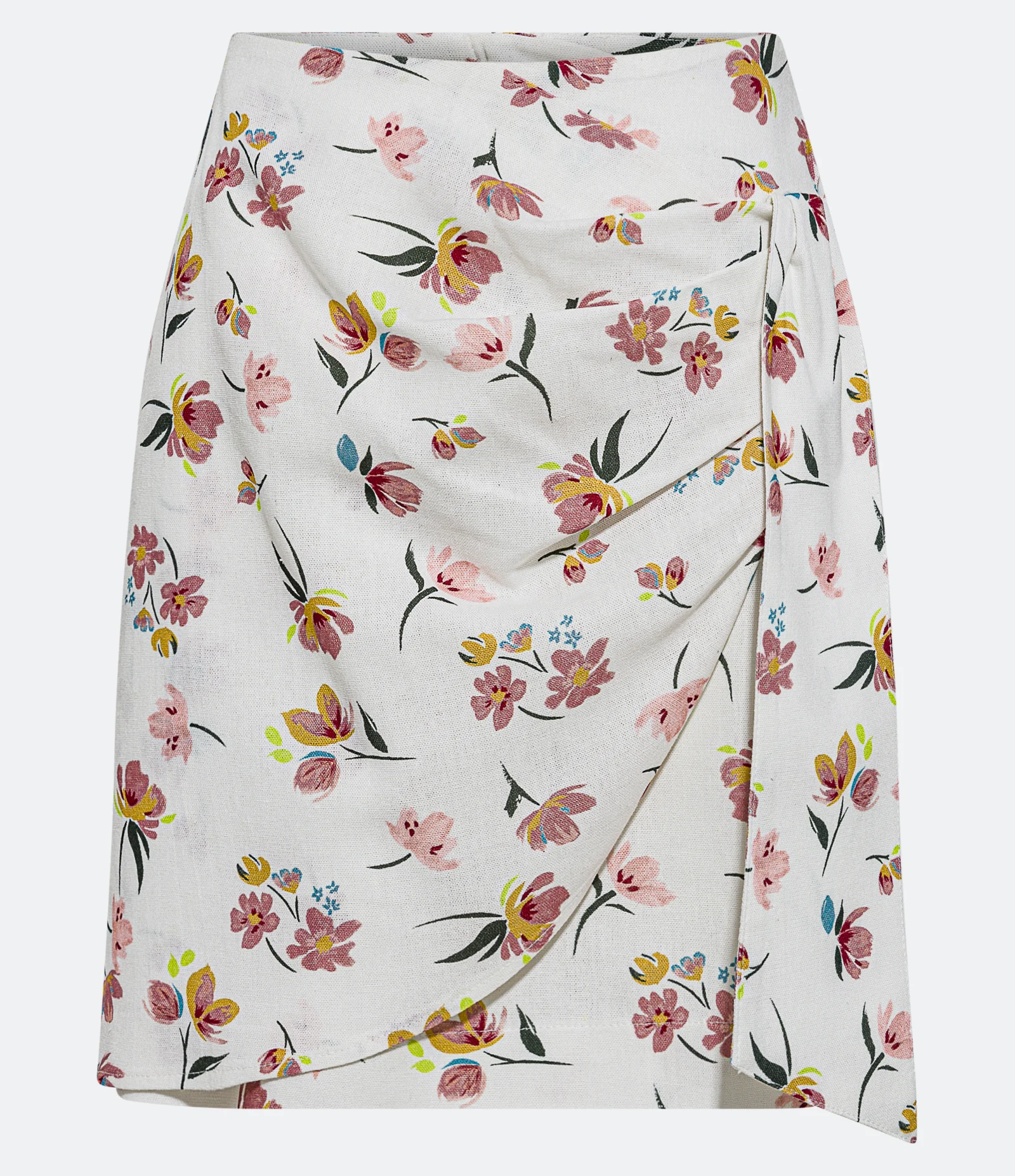 Saia Curta em Linho com Faixa e Flores Estampadas Off White 1