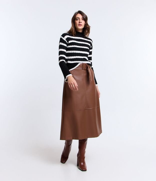 Saia Midi em PU com Cinto Fivela Estruturado
