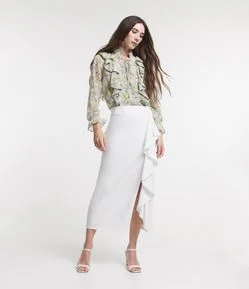 Saia Midi Reta em Linho com Fenda e Babado Aplicado