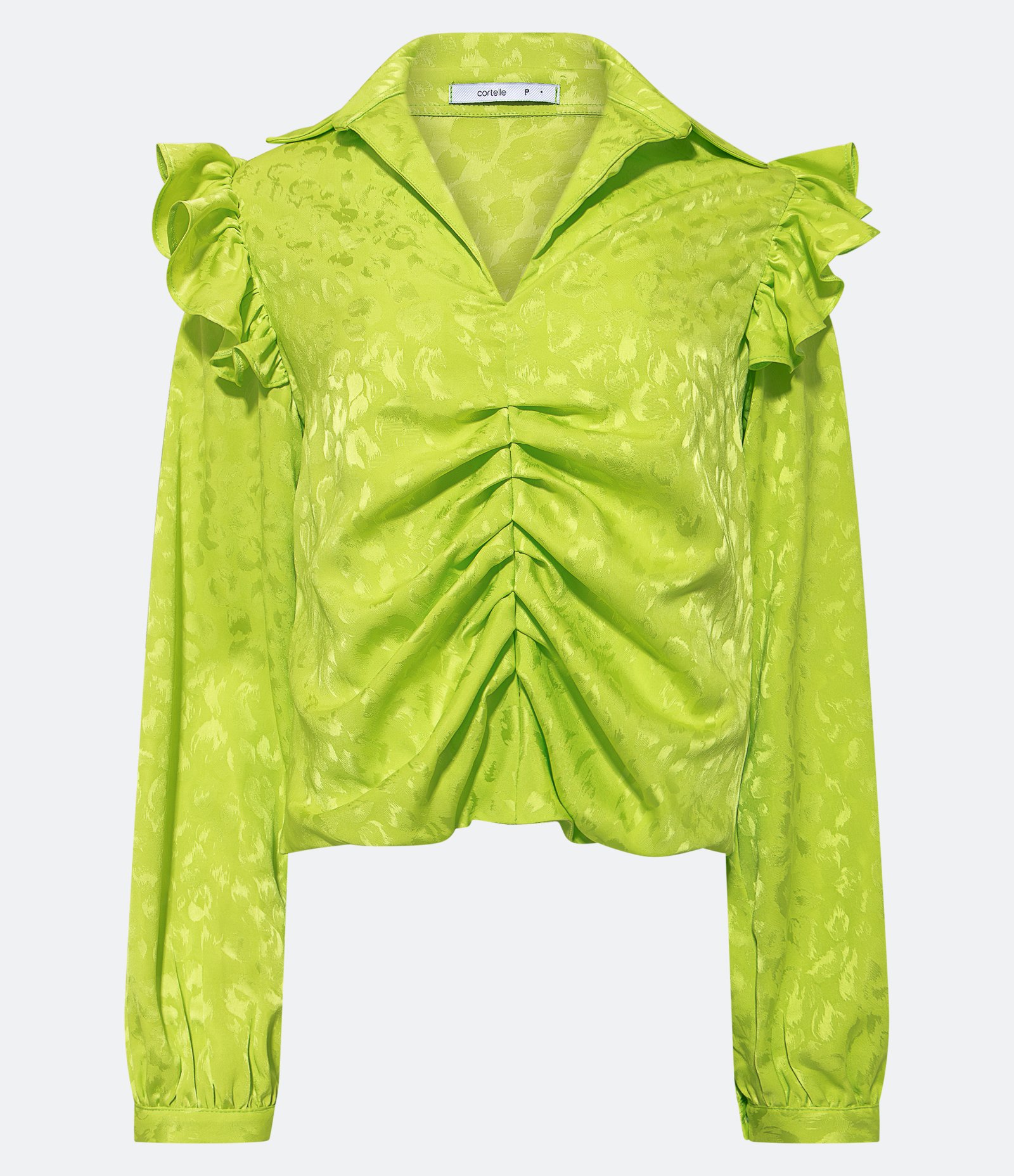 Camisa Manga Longa em Jacquard com Babados e Pintas de Onça no Tecido Verde 1