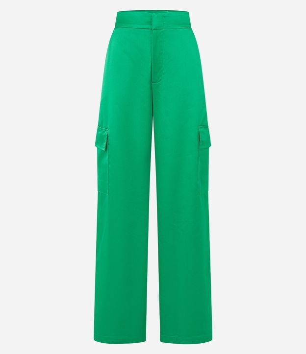 Calça Pantalona em Cetim com Bolsos Cargo Verde 1