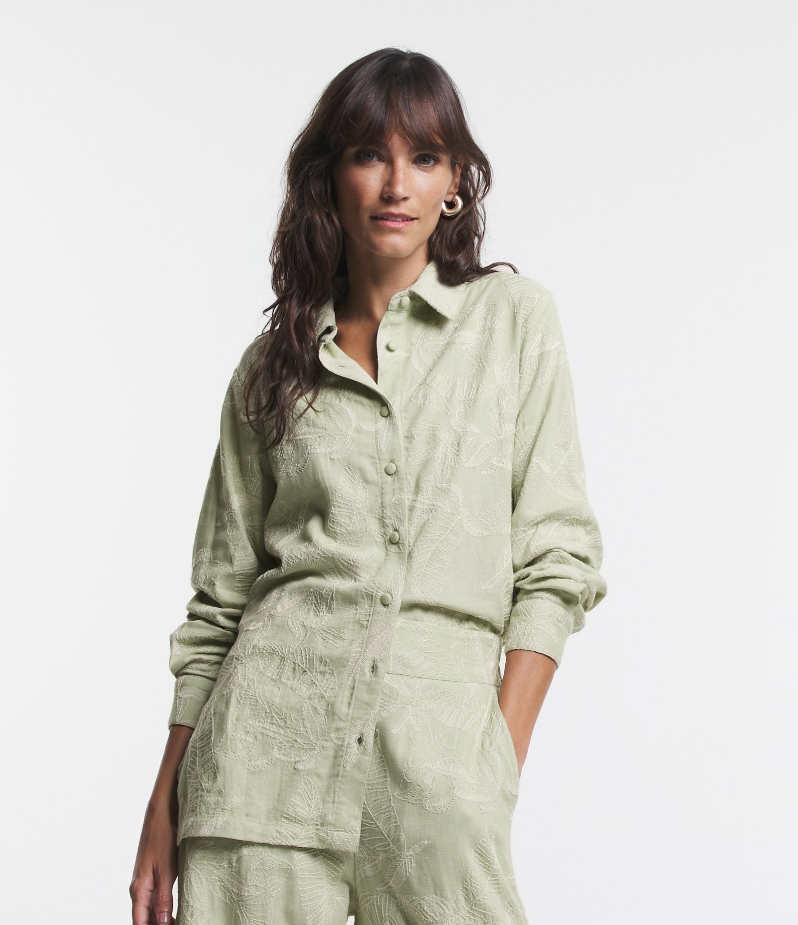 Camisa em Viscolinho com Bordado Folhagens Verde 4