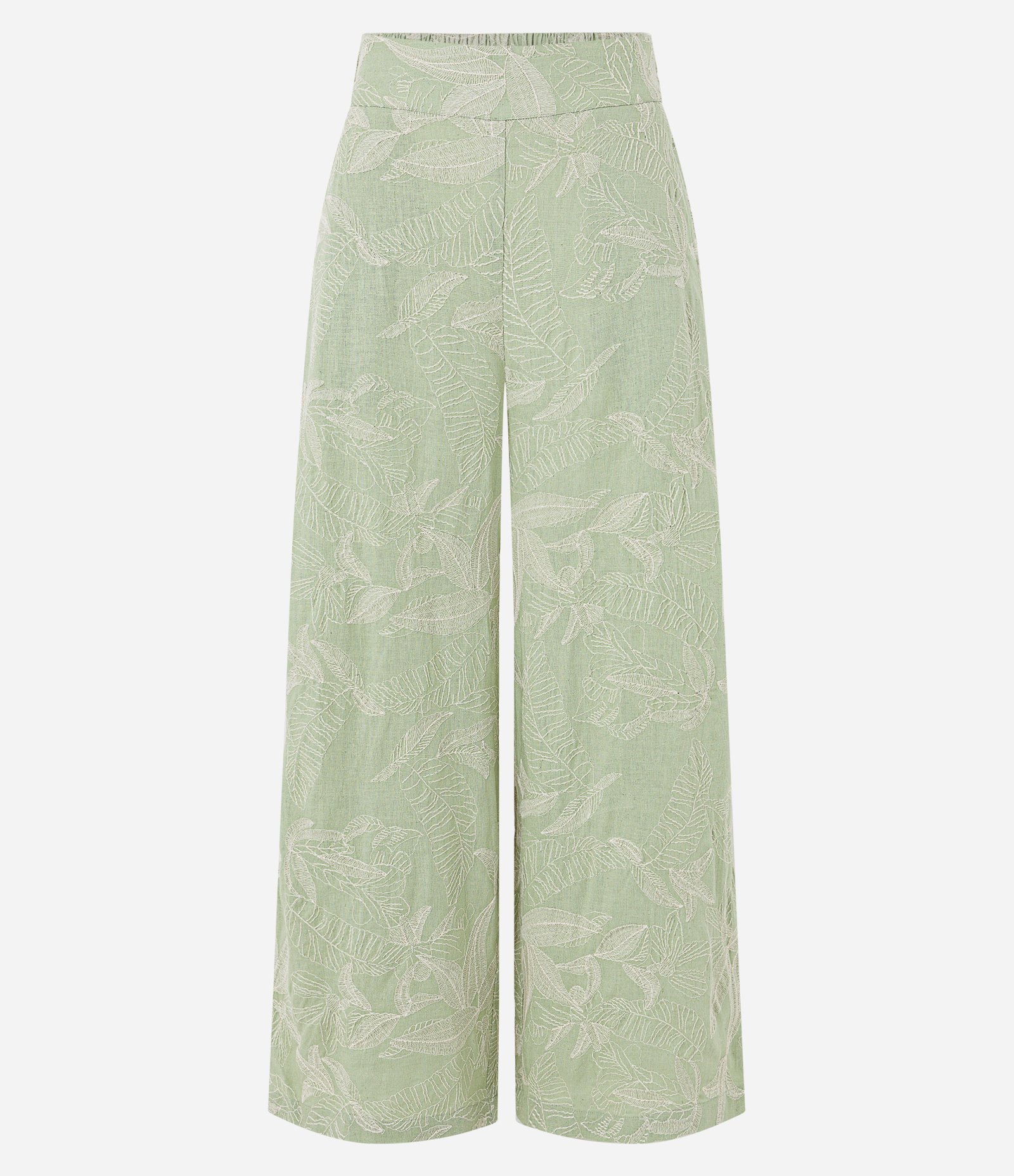 Calça Reta em Viscolinho com Cós Elástico e Bordado Folhagem Verde 5