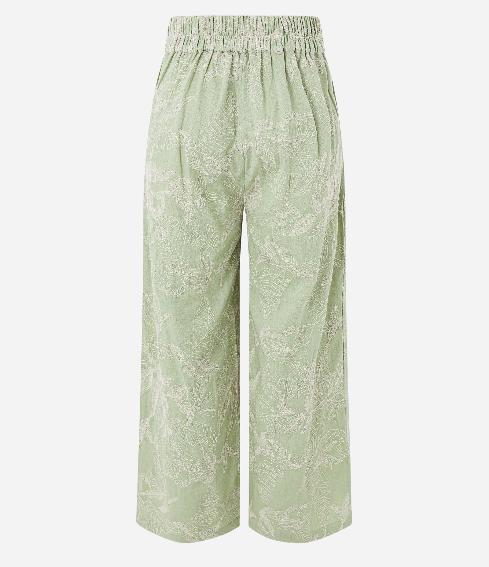 Calça Reta em Viscolinho com Cós Elástico e Bordado Folhagem Verde 7