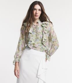 Blusa Manga Longa em Chiffon com Babados e Flores Retrô Estampadas