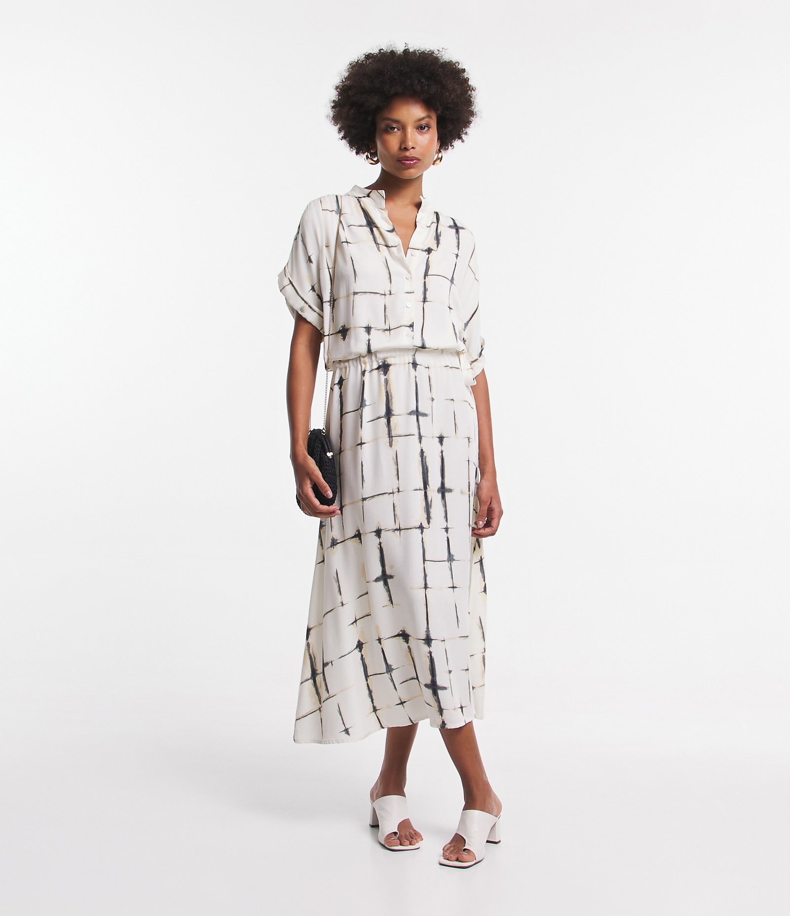 Vestido Midi em Viscose com Amarração e Blocos Manchados Off White 1