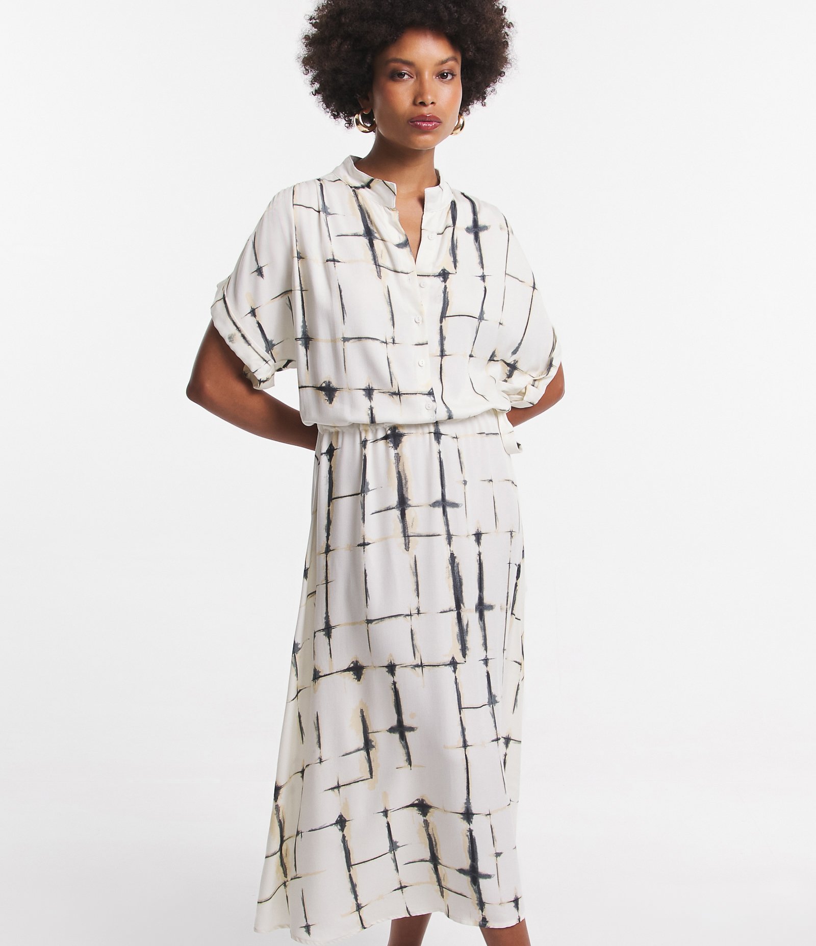 Vestido Midi em Viscose com Amarração e Blocos Manchados Off White 2