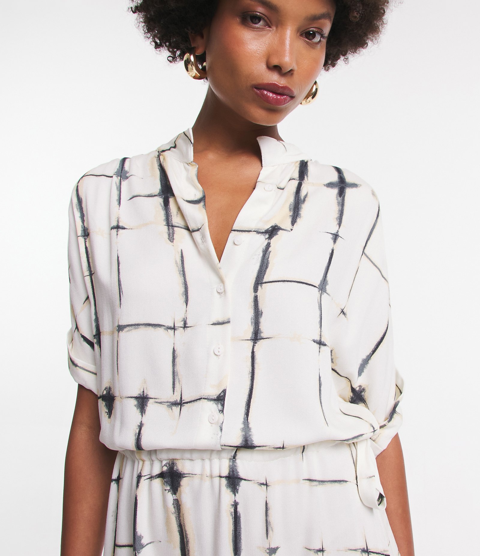 Vestido Midi em Viscose com Amarração e Blocos Manchados Off White 5