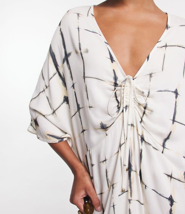 Vestido Manga Ampla em Viscose com Amarração e Blocos Manchados Estampados Off White 5