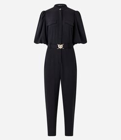 Macacão Longo com Manga Bufante e Cinto com Fivela de Coração