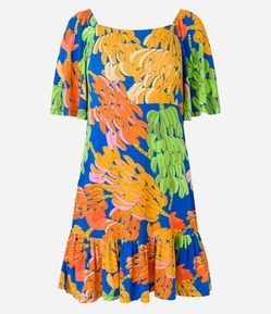 Vestido Curto em Viscose com Manga Gode e Estampa de Bananas