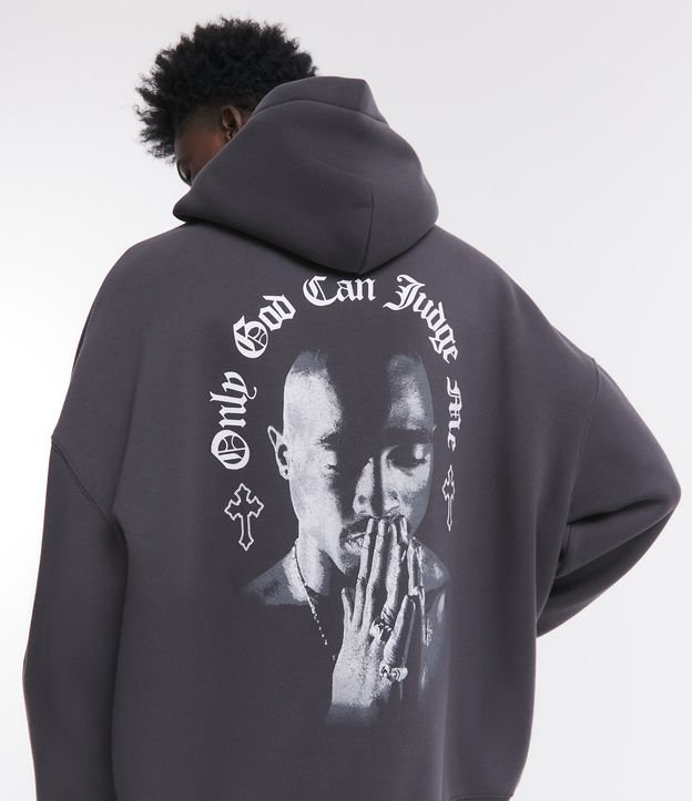 Blusão em Moletom Forrado com Capuz e Estampa Tupac