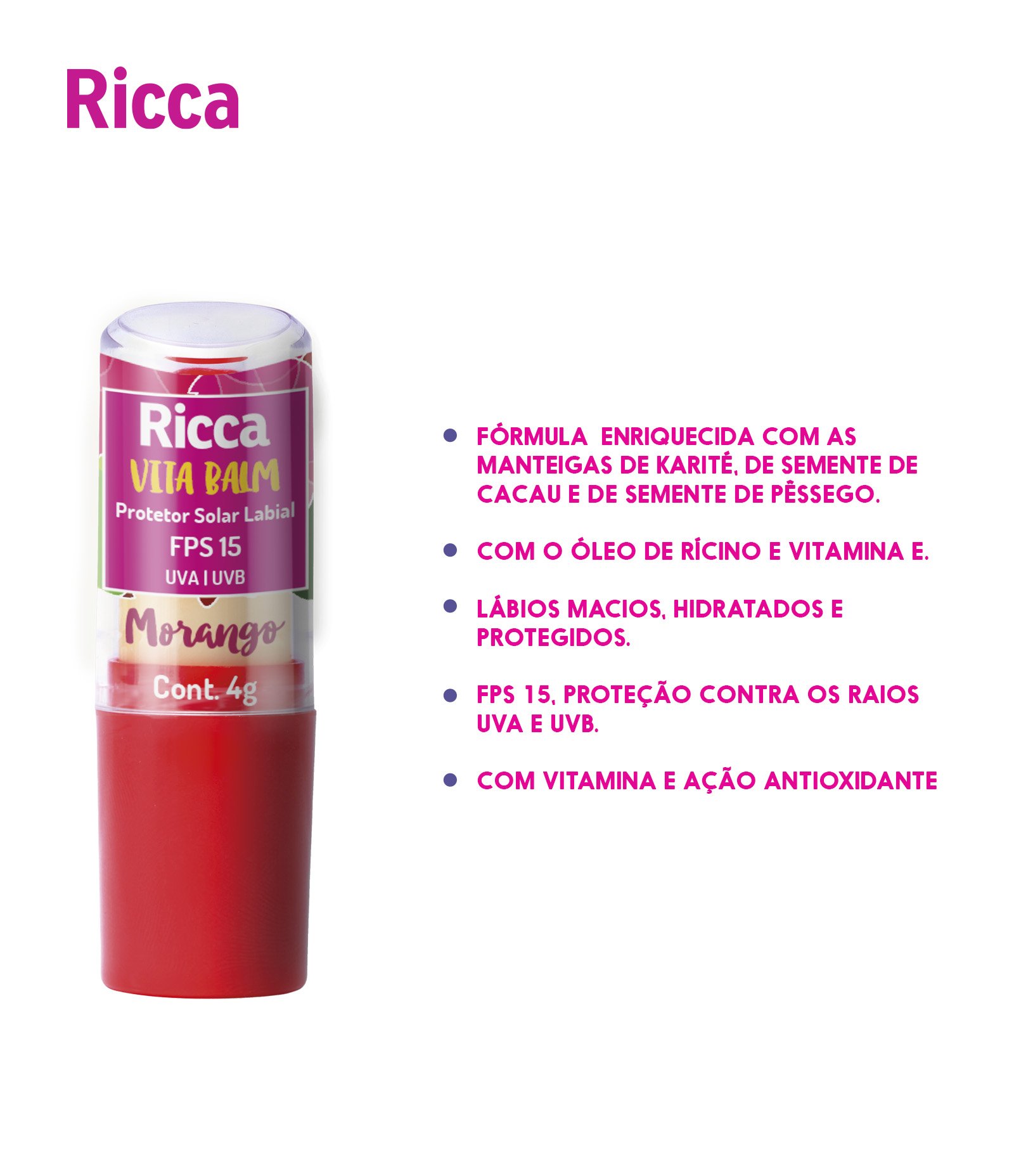 Protetor Solar Labial FPS15 Morango Blister Ricca  4g 3
