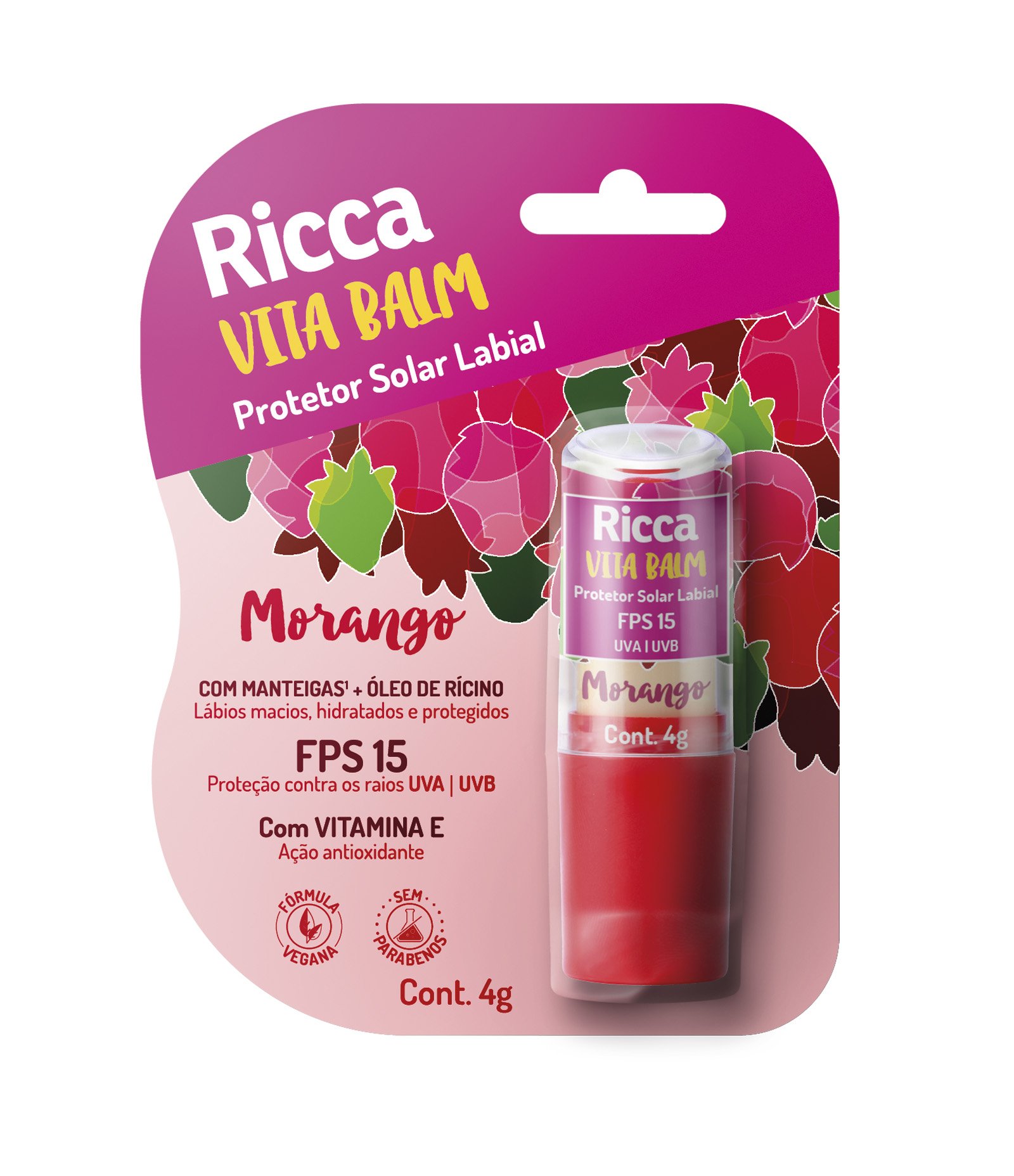 Protetor Solar Labial FPS15 Morango Blister Ricca  4g 4