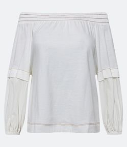 Blusa Ombro a Ombro Manga Longa em Viscose com Costura Aparente