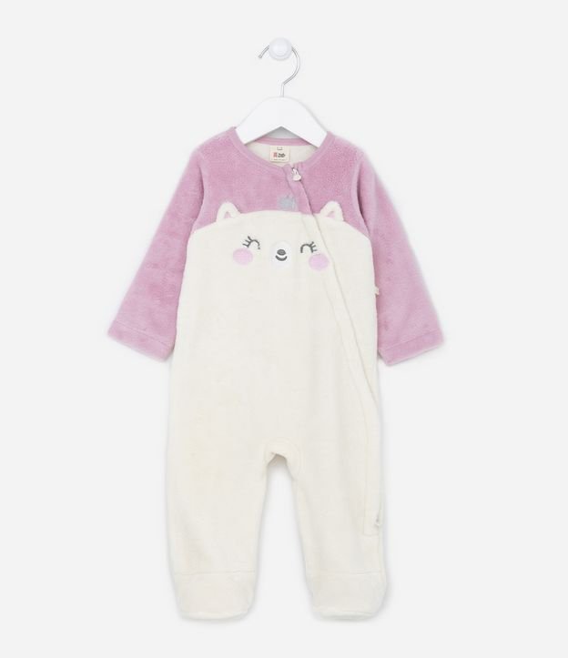 Macacão Infantil em Plush com Bordado Carinha de Ursa e Zíper Transversal -Tam 0 a 18 meses