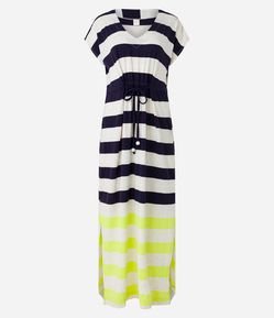 Vestido Midi Reto em Viscose Listrada com Contraste na Barra