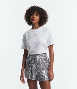 Blusa T-shirt em Meia Malha com Corações de Brilhinhos
