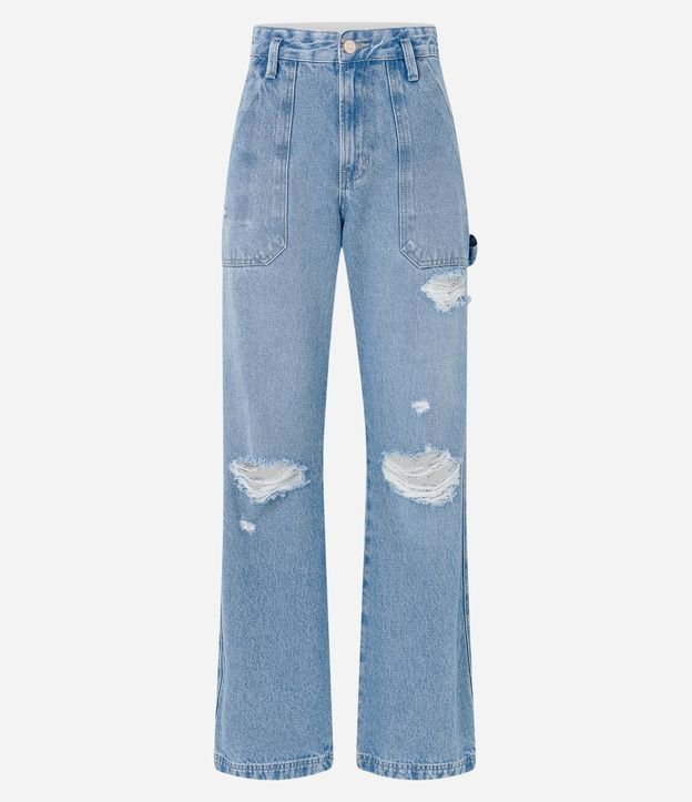 Calça Anos 90 em Jeans com Puídos e Bolso Carpinteiro Azul 5