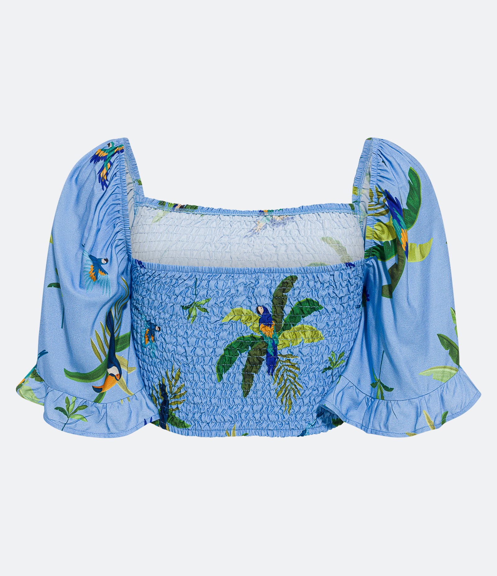 Blusa Cropped em Viscose com Lastex e Estampa Tropical Azul 2