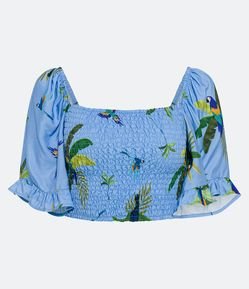 Blusa Cropped em Viscose com Lastex e Estampa Tropical