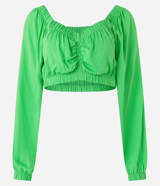 Blusa Cropped em Viscose com Elástico no Decote e Franzido no Busto Verde 5