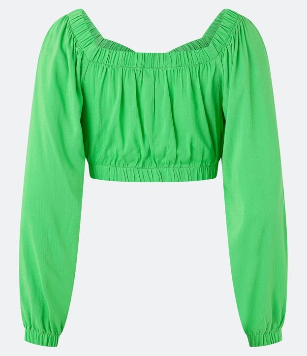 Blusa Cropped em Viscose com Elástico no Decote e Franzido no Busto Verde 7