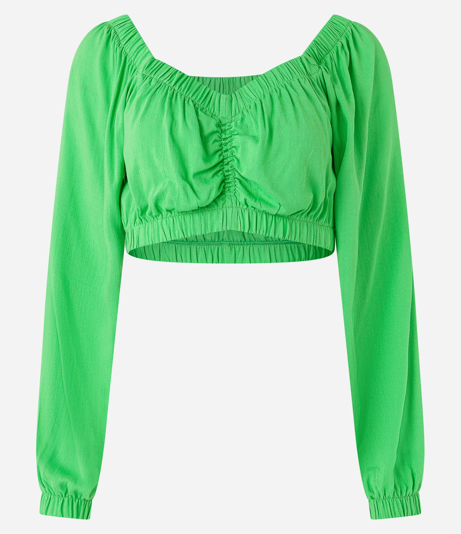 Blusa Cropped em Viscose com Elástico no Decote e Franzido no Busto Verde 1