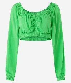 Blusa Cropped em Viscose com Elástico no Decote e Franzido no Busto