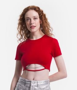 Blusa Cropped Canelada com Abertura e Tira de Strass