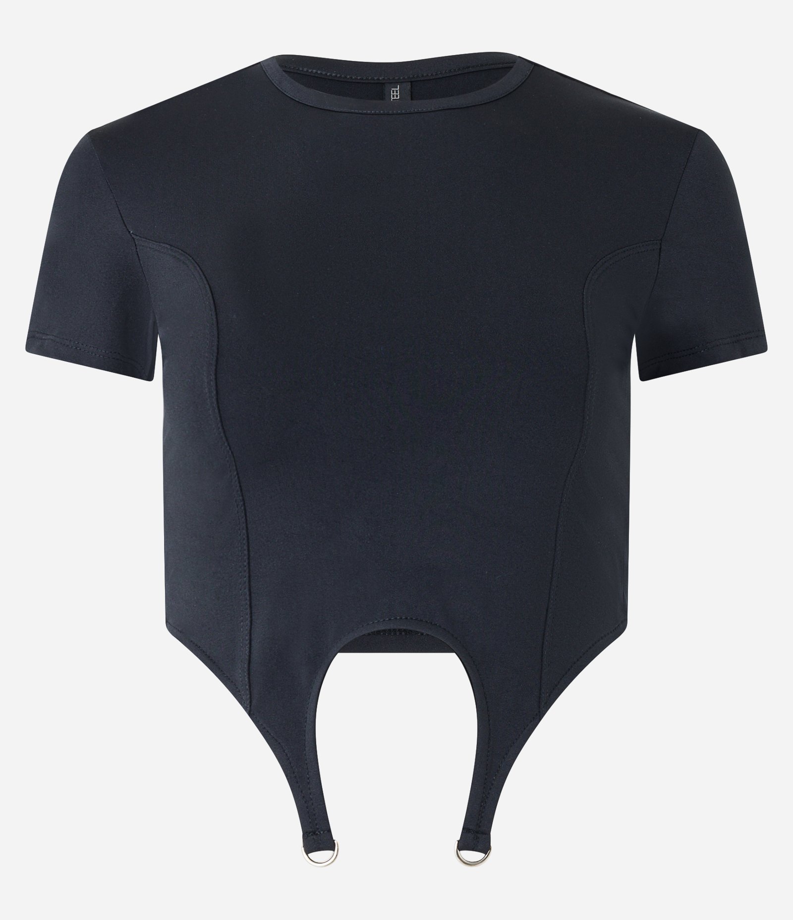 Blusa Cropped em Meia Malha com Bainha Assimétrica e com Fivela Preto 1