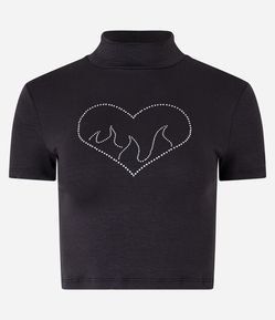 Blusa Cropped em Viscose com Golinha Alta com Coração de Strass