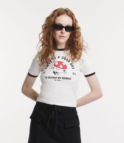 Blusa Cropped em Meia Malha com Estampa de Cogumelo e Lettering Today is a Good Day