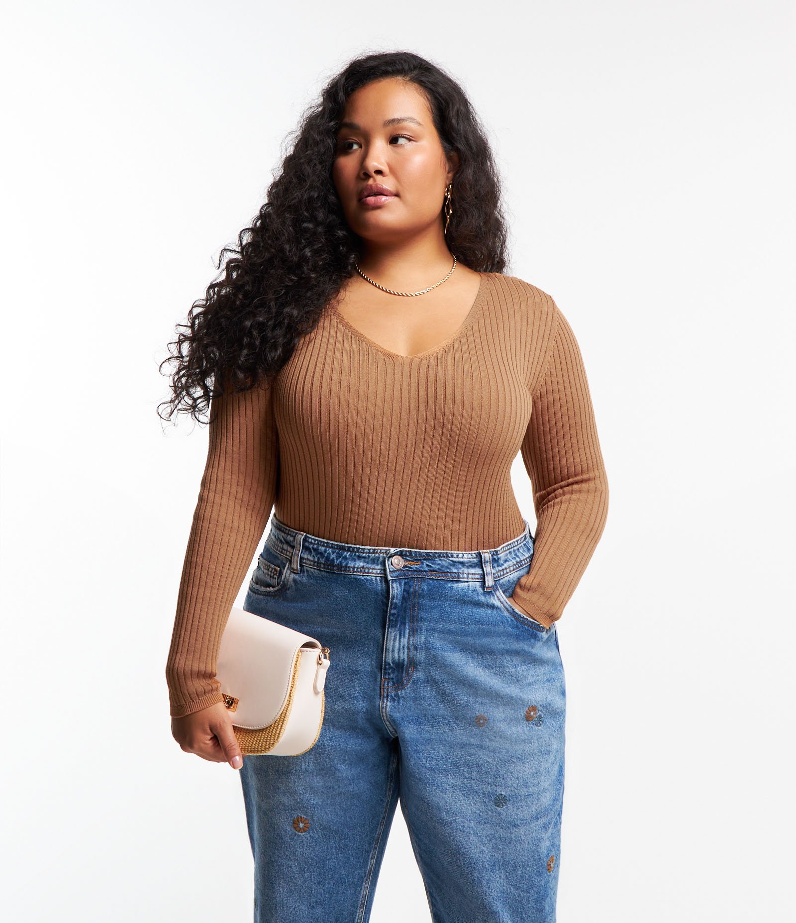 Blusa Manga Longa em Tricô Canelado Curve & Plus Size Marrom 1