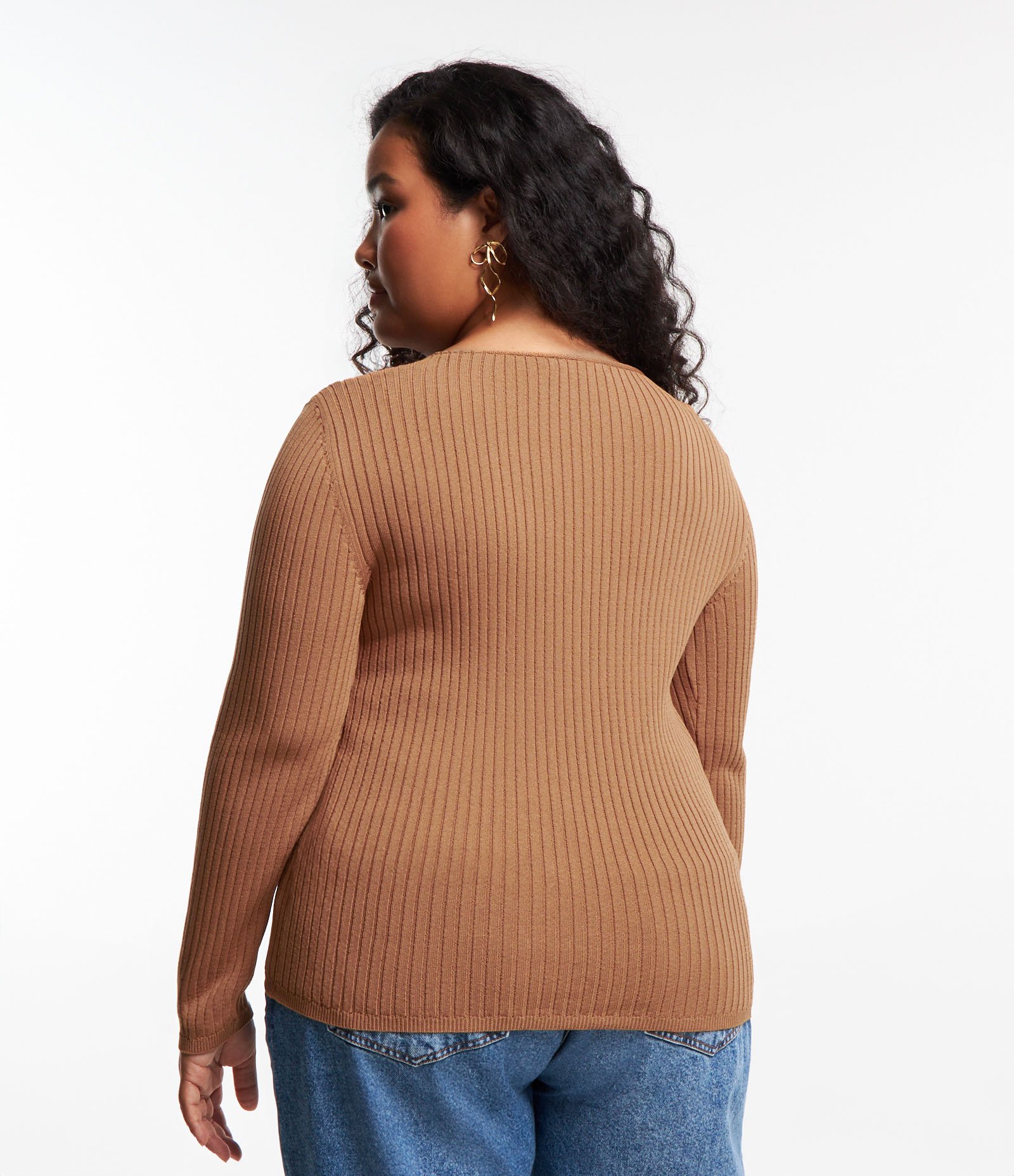 Blusa Manga Longa em Tricô Canelado Curve & Plus Size Marrom 3