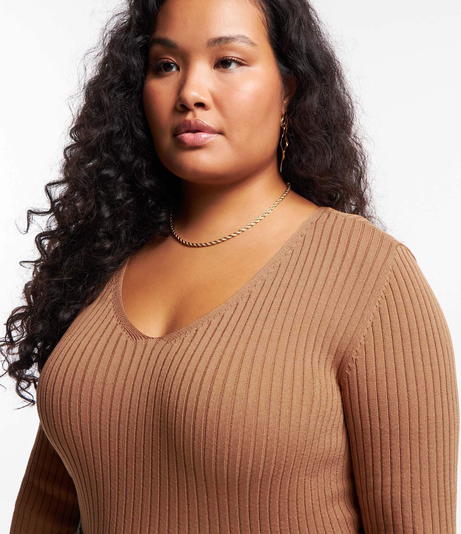 Blusa Manga Longa em Tricô Canelado Curve & Plus Size Marrom 4