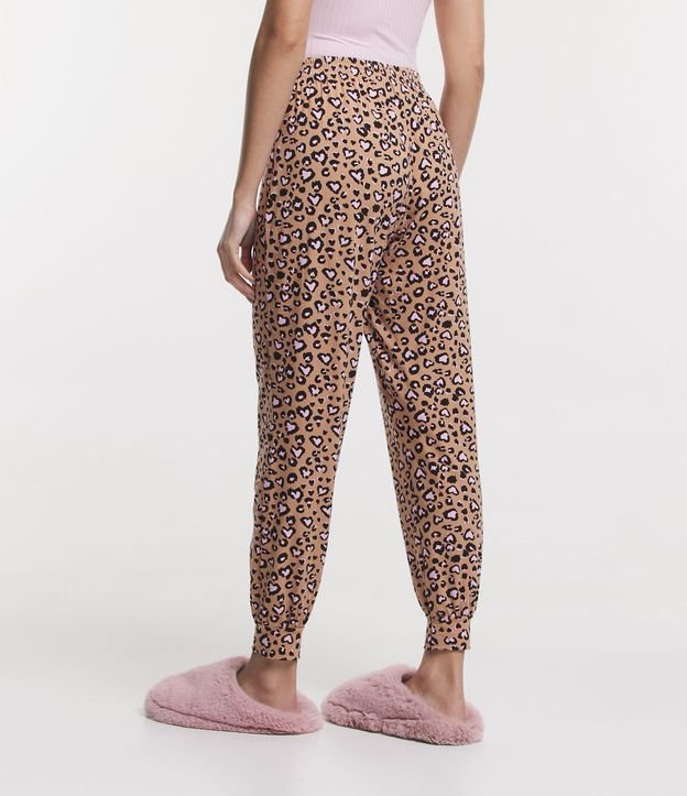 Calça de Pijama em Viscolycra com Barra Ajustada e Estampa Oncinha Corações Marrom 3