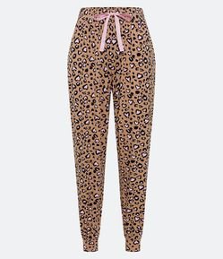 Calça de Pijama em Viscolycra com Barra Ajustada e Estampa Oncinha Corações