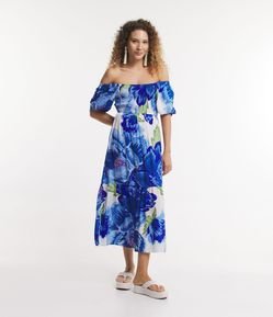 Vestido New Midi em Viscose com Lastex no Busto e Estampa Floral