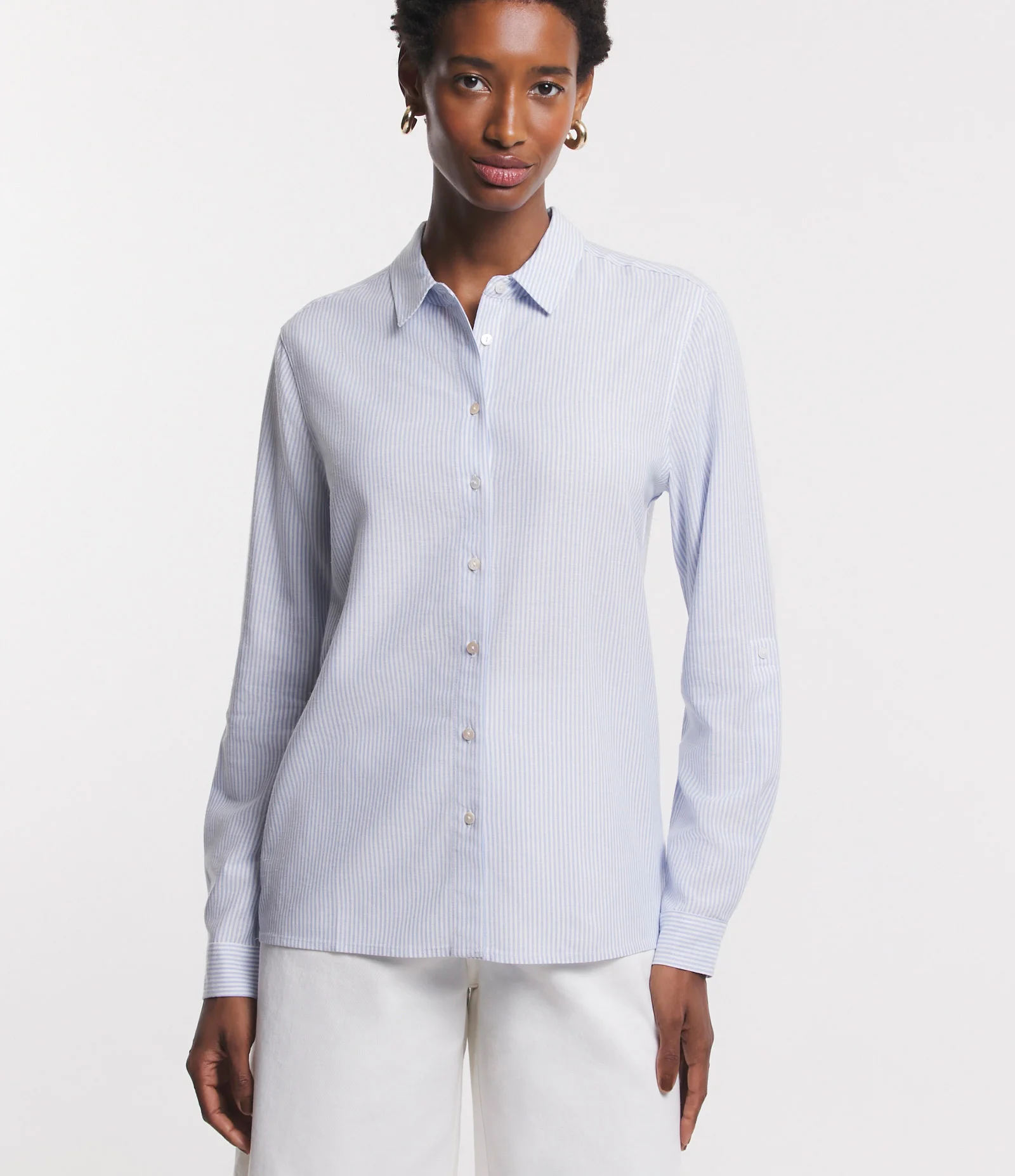 Camisa Manga Longa em Viscolinho Listrado Azul 1