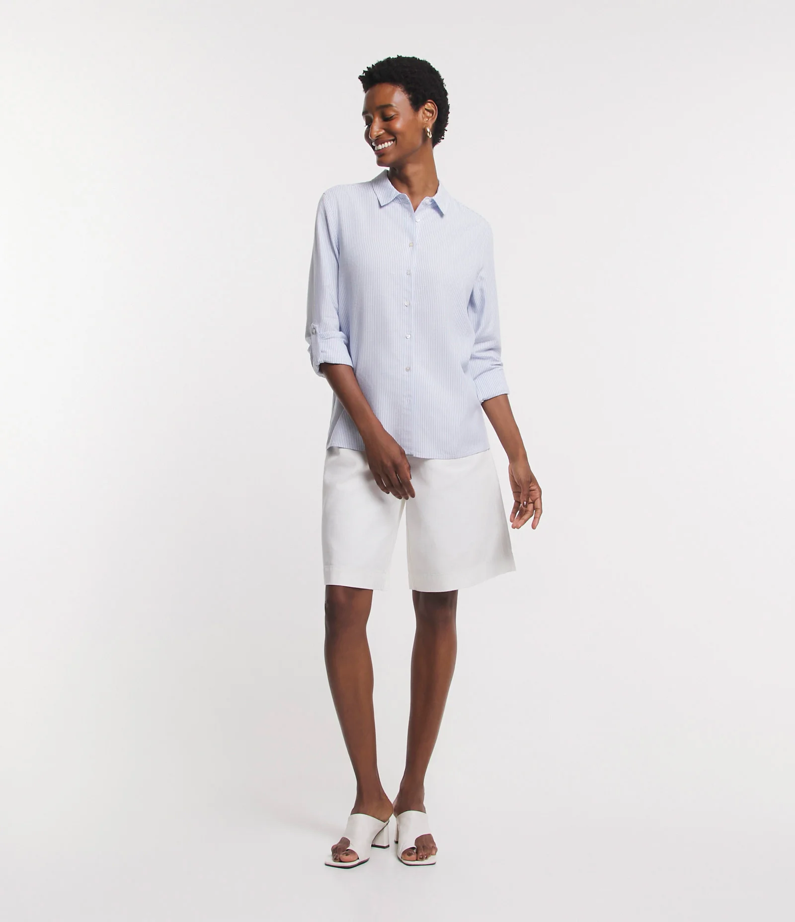 Camisa Manga Longa em Viscolinho Listrado Azul 2