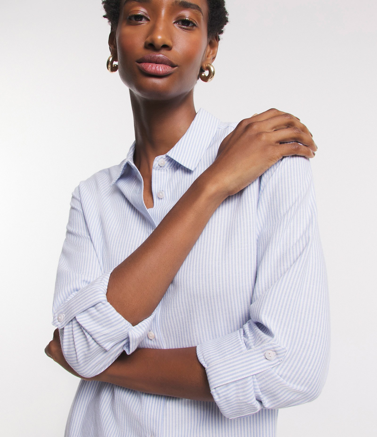 Camisa Manga Longa em Viscolinho Listrado Azul 4