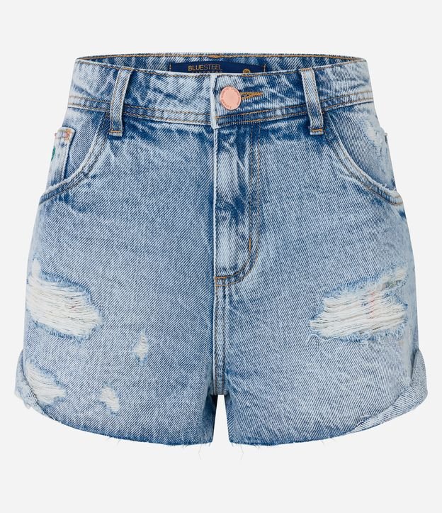 Short Boyfriend Jeans com Puídos e Barra Dobradinha na Lateral Azul 5
